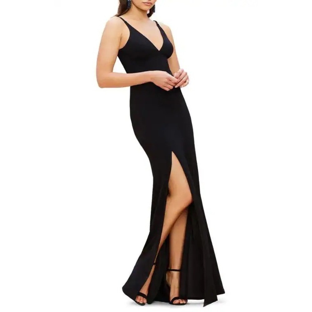 Dress the Population Black V-Neck Maxi Dress with High Slit